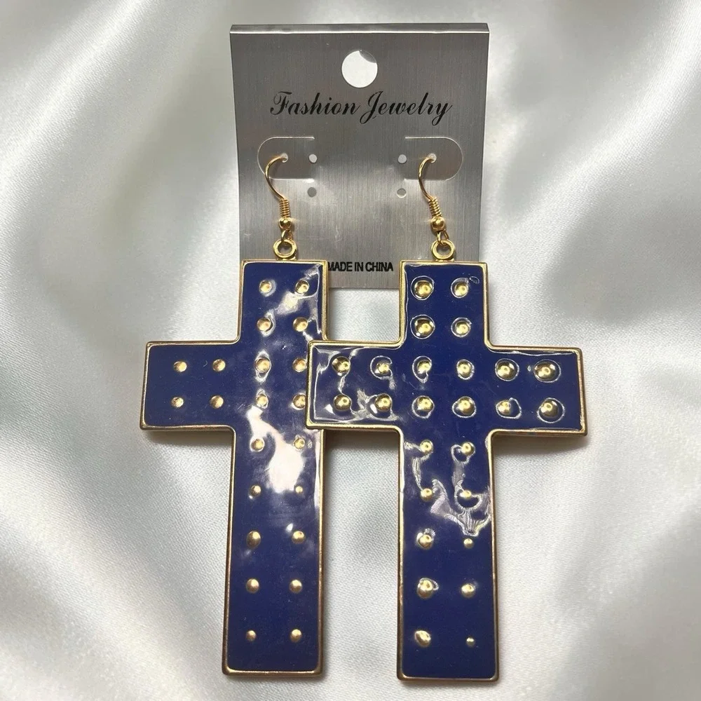 Cross Dangle Drop Earrings Religious Faith Cross Golden Toned Metal Navy Women